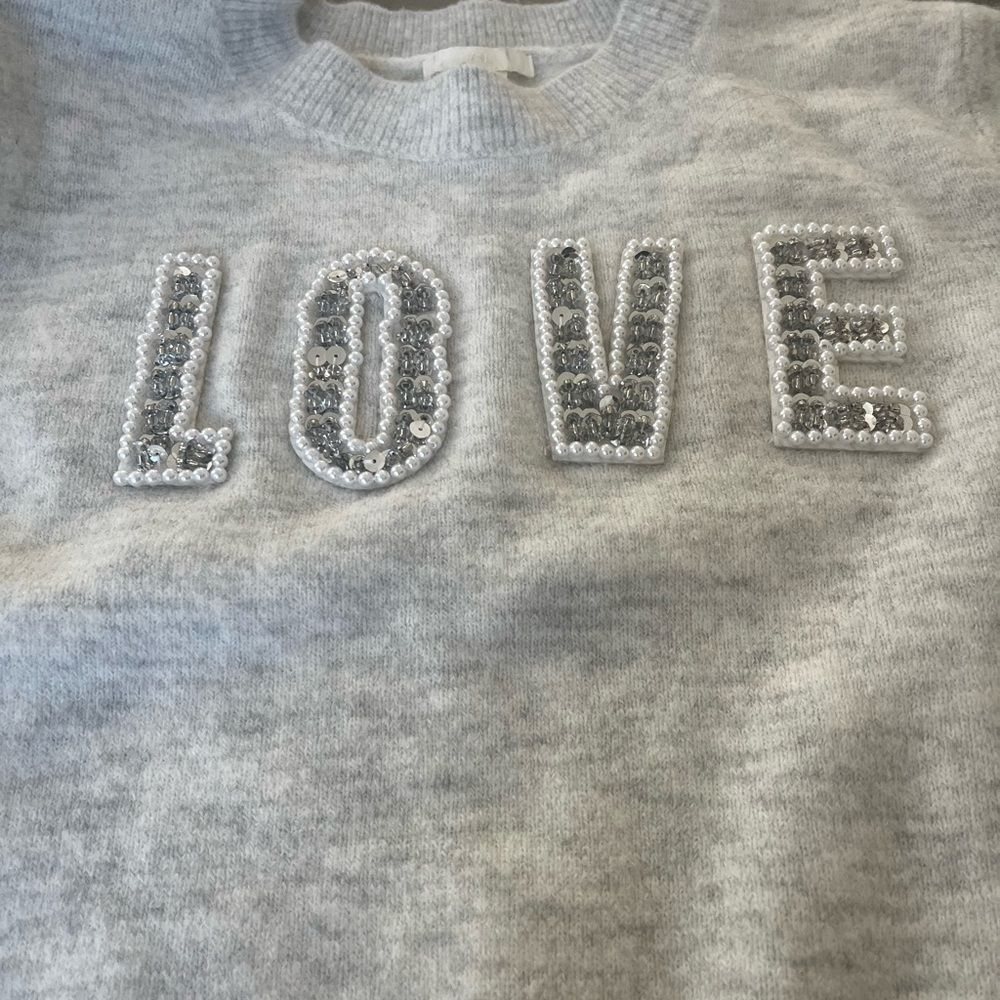H&M LOVE Gray Sequin Pearl Beaded Crewneck Sweater Women’s Medium - Picture 7 of 10